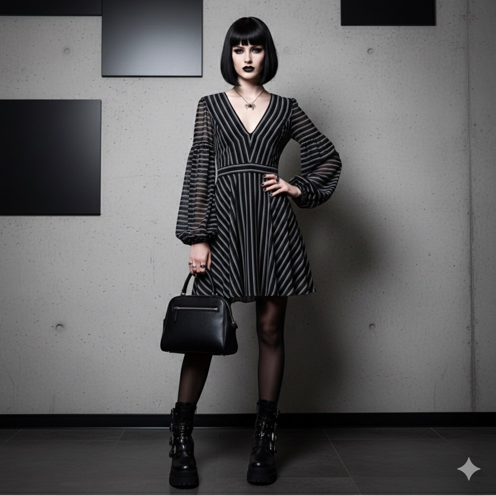 BeBe Black White Corporate Goth Striped Balloon Sleeve Dress S 4 Pockets